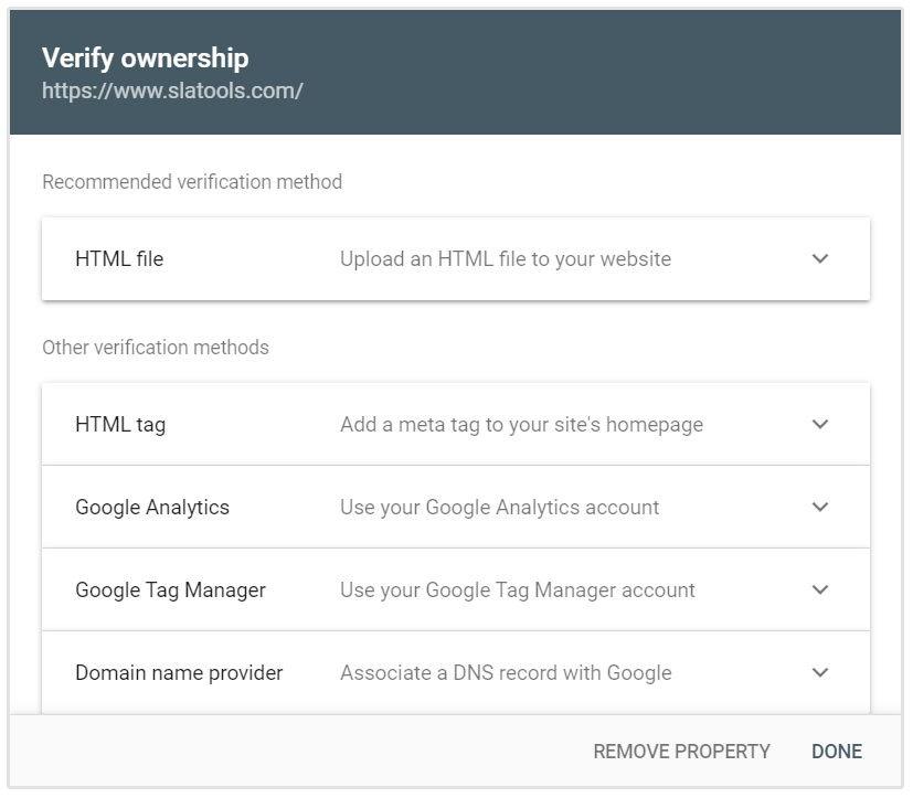 Opcje weryfikacji adresu URL Google Search Console